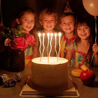 White Spiral Long Thin Birthday Candles for Cake – Metallic Cake Decorations, Happy Birthday Candles with Holders, Long Lasting & Safe (24, White+Gold Spots)