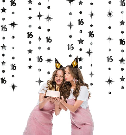 Black Number 16 Circle Dot Twinkle Star Garland Metallic Streamer Bunting Banner Backdrop Decorations for Girls Happy 16th Birthday Sweet Sixteen 16th Anniversary Cheers to 16 Years Party Decor