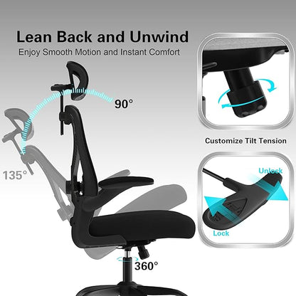 Office Chair for Back & Neck Pain Relief, Virgin Foam Seat, 2D Adjustable Lumbar & 3D Headrest, Flip-Up Armrests, Tilt & Rock for Relaxation, Black/Carbon Fiber