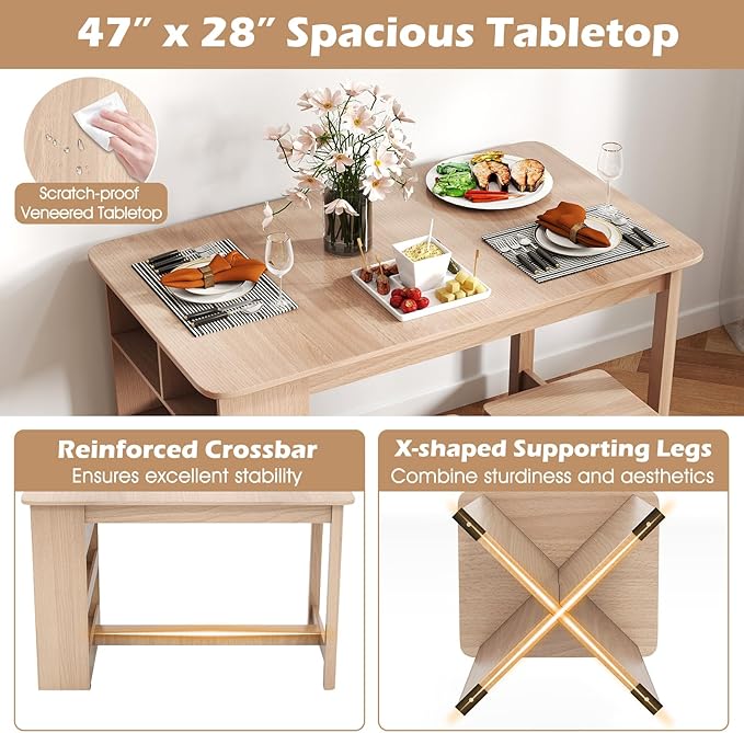Giantex 5-Pieces Dining Table Set for 4, Kitchen Table Set with Side Storage Shelf, 4 Square Stools, Space-Saving Dining Furniture for Dinner, Dinette, Living Room, Apartment, Restaurant (Natural)