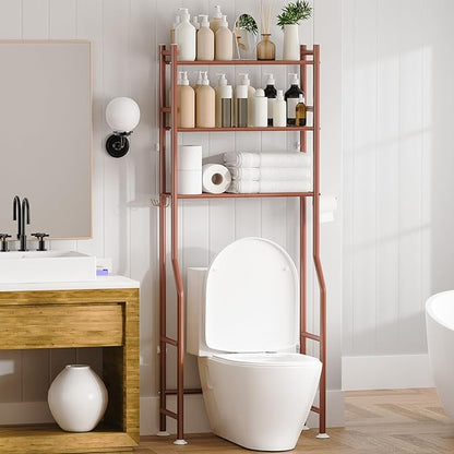 3-Tier Over Toilet Storage with Anti-Tilt Safety System - 150lb Total Capacity Metal Bathroom Shelves Including Paper Holder & 4 Hooks, Space Saving Above Commode Organizer (64" H, Bronze)