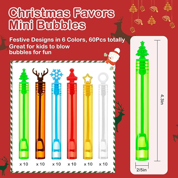 60Pcs Christmas Bubbles Party Favors for Kids, Christmas Goodie Bag Stocking Stuffers Pinata Fillers Treats, Mini Bubbles Bulk Christ mas Toys Gifts for Kids Toddlers Boy Girl Classroom Carnival Prize