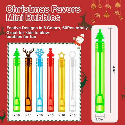 60Pcs Christmas Bubbles Party Favors for Kids, Christmas Goodie Bag Stocking Stuffers Pinata Fillers Treats, Mini Bubbles Bulk Christ mas Toys Gifts for Kids Toddlers Boy Girl Classroom Carnival Prize