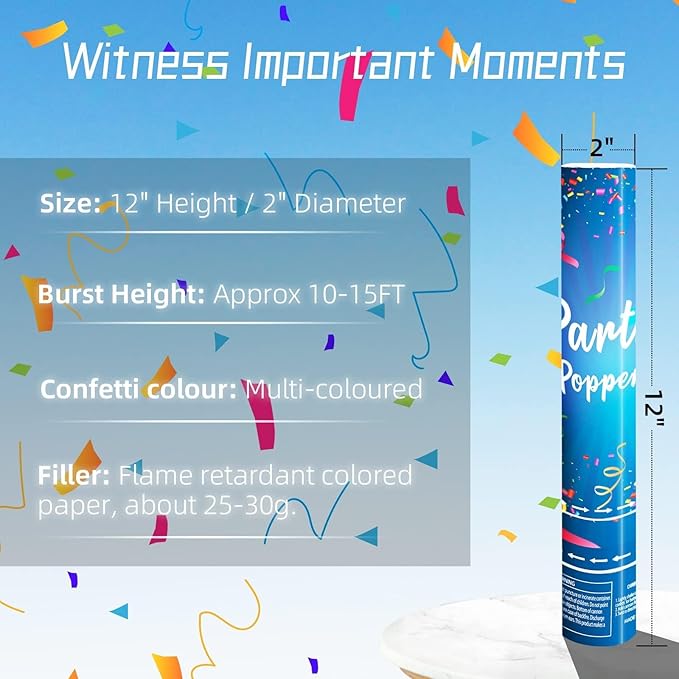 Confetti Cannon 12Inch Confetti Poppers 12 Pack Multicolor Party Poppers Confetti Shooters Air Compressed Color Popper Cannon Bulk for Graduation New Years Eve Birthday Wedding Indoor and Outdoor