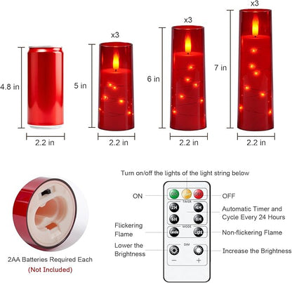 Raycare Flameless Candle with Remote Timer – 9 Flickering Acrylic Battery Operated LED Pillar Candles with Embedded Star String for Christmas, Home Decor, and as a Gift (Red)