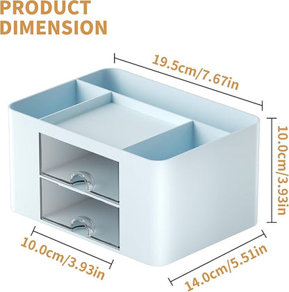 Marbrasse Pen Organizer with 2 Drawer, Multi-Functional Pencil Holder for Desk, Desk Organizers and Accessories with 5 Compartments + Drawer for Office Art Supplies (Blue)