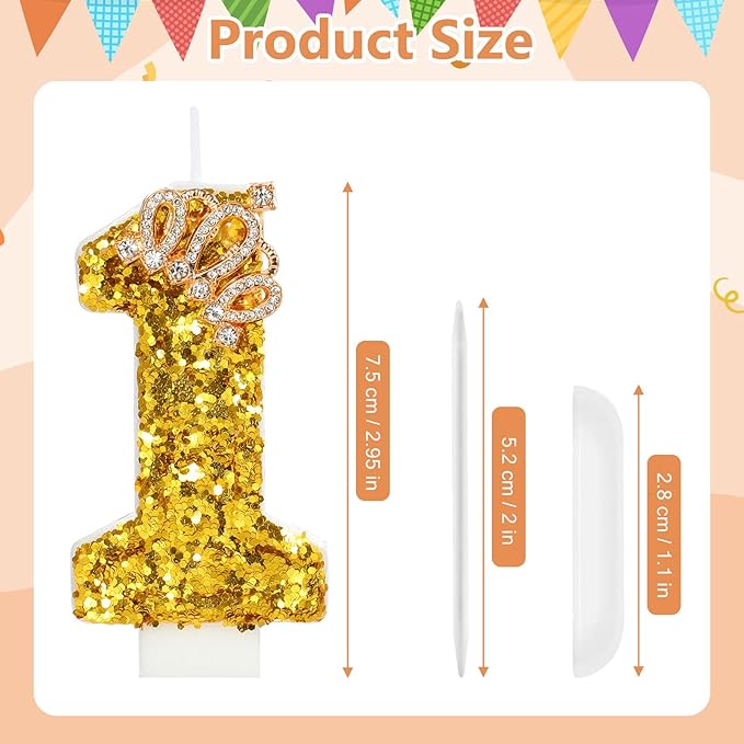 Gold Birthday Candle Crown Number 1 Candle with Sequins 1st Cake Candles Cupcake Decorations Party Decor for Anniversary Celebrations Supplies