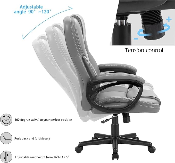 Furmax Office Executive Chair High Back Adjustable Managerial Home Desk Chair, Swivel Computer PU Leather Chair with Lumbar Support (2, Gray)