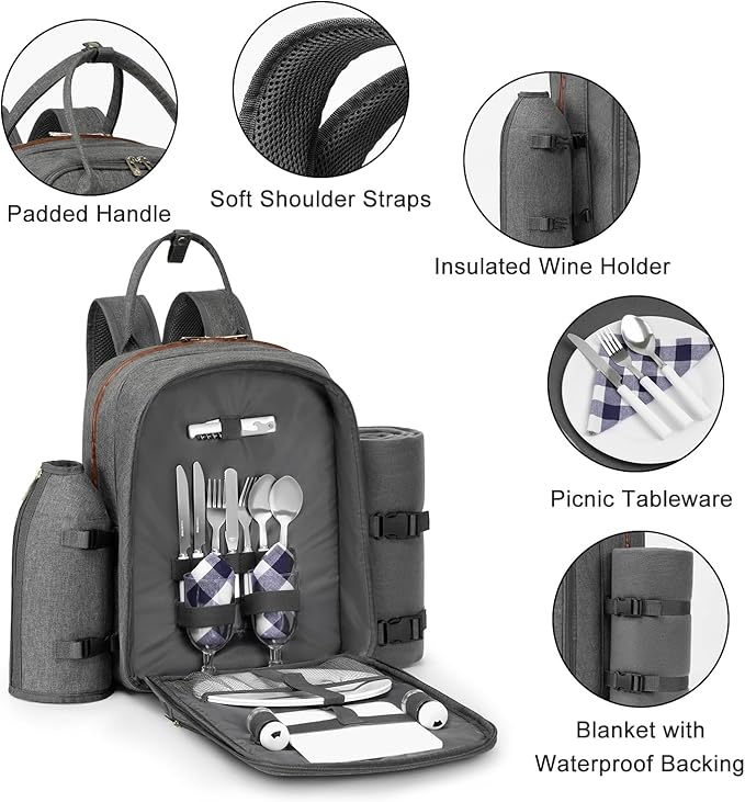 ALLCAMP Picnic Backpack - Insulated Cooler Bag with Compartment, Detachable Wine Glass Holder, Throw Blanket & Cutlery Set, 2 Person Picnic Set for Family Outings, Couple Gifts (Gray)