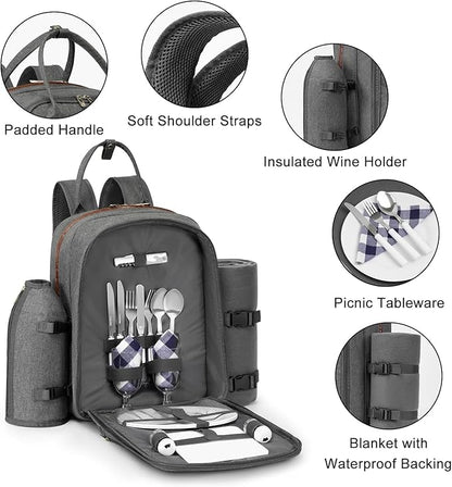 ALLCAMP Picnic Backpack - Insulated Cooler Bag with Compartment, Detachable Wine Glass Holder, Throw Blanket & Cutlery Set, 2 Person Picnic Set for Family Outings, Couple Gifts (Gray)