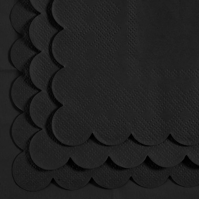 200 Pack Cocktail Napkin 2-Ply Scalloped Edged Dessert Napkins Folded 5 x 5 Inches Disposable Napkins for Dinner Wedding Birthday Party Bridal Anniversary Reception Event (Black)