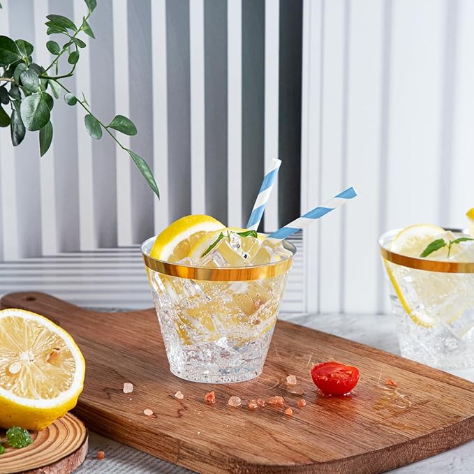 Ciaell 200PCS Gold Plastic Cups - 9Oz Heavy Duty Disposable Clear Plastic Cups with Gold Rim for Wine, Cocktail, Party & Wedding & Thanksgiving