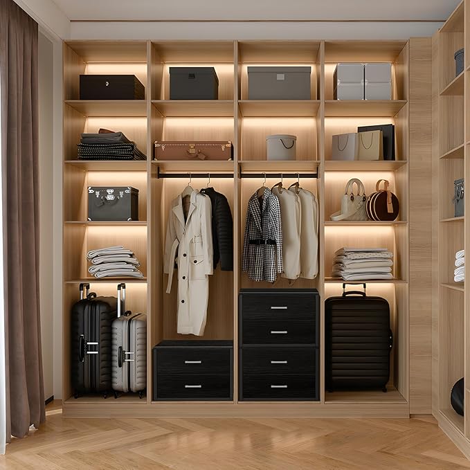 BOLUO Stackable Storage Drawers Closet Organizers and Storage Fabric 2 Drawer Dresser for Bedroom Set of 2 Black Modern