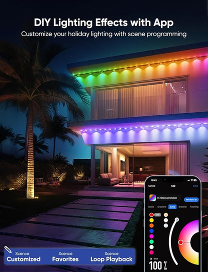 APPECK Permanent Outdoor Lights Pro 100ft, 72W RGBCW Eaves Lights with 72 LED Lights, 80lm, Cuttable, 111 Scene Modes, IP67 Waterproof Lighting for Christmas Decoration, Work with Alexa, Black