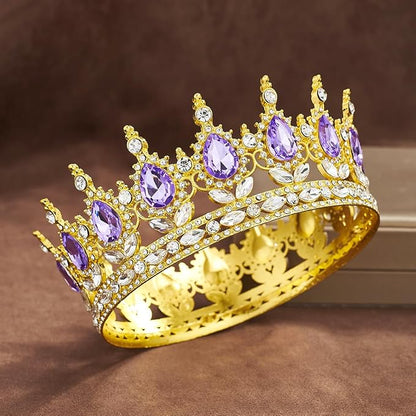 Queen Rhinestone Wedding Crown and Tiara for Women - Costume Party Hair Accessories, Princess Birthday Crystal Bridal Crown (Golden Purple)