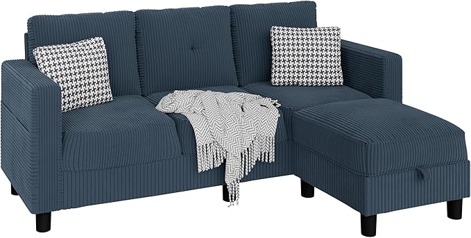 JAMFLY Convertible Sectional Couches for Living Room, L-Shaped Couch 3 Seat Sectional Sofa Set with Polyester Fabric and Movable Ottoman Small Couch for Apartments, Office(Blue)