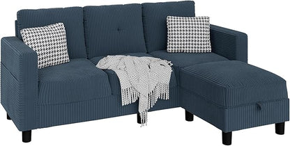 JAMFLY Convertible Sectional Couches for Living Room, L-Shaped Couch 3 Seat Sectional Sofa Set with Polyester Fabric and Movable Ottoman Small Couch for Apartments, Office(Blue)