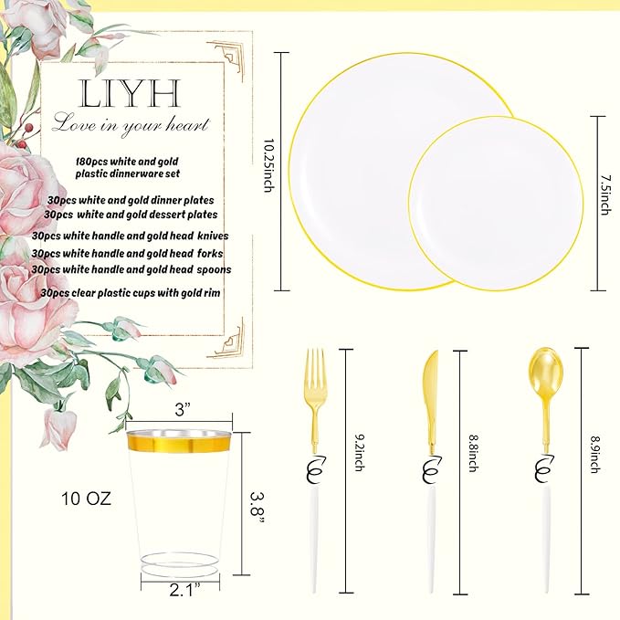 LIYH 180 Pcs White and Gold Plastic Plates Disposable - Dinnerware Set, Gold Plastic Silverware, Disposable Heavyduty Plates for Parties, Birthdays, Wedding 30Guests