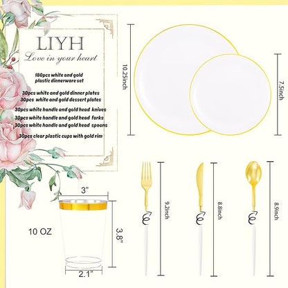 LIYH 180 Pcs White and Gold Plastic Plates Disposable - Dinnerware Set, Gold Plastic Silverware, Disposable Heavyduty Plates for Parties, Birthdays, Wedding 30Guests