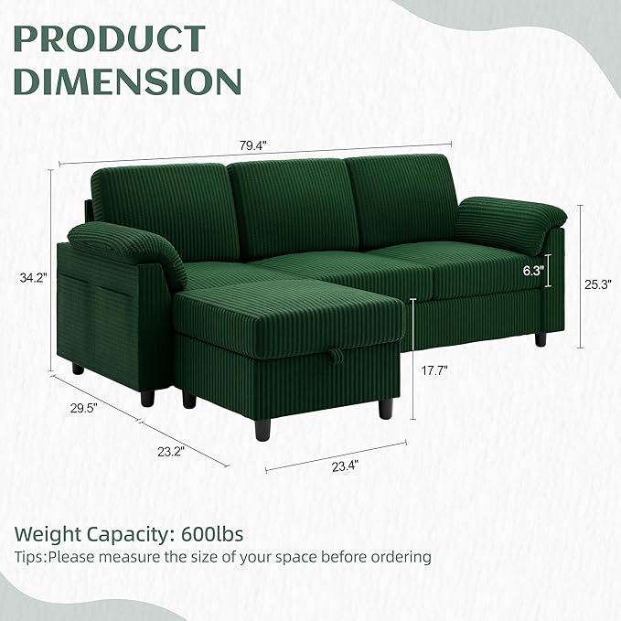 Vongrasig 79" Convertible Sectional Couch Sofa with Storage Ottoman, 3 Seat L Shaped Couch with Side Storage Pockage, Small Couches for Living Room, Apartment and Small Space (Green)