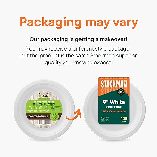 Stack Man 100% Compostable Paper Plates 9 Inch Heavy-Duty [125-Pack] Eco-Friendly White Bagasse Disposable Plates Made of Natural Sugarcane Fibers - 9" Biodegradable Plate (BPI-Certified) (PFAS-Free)