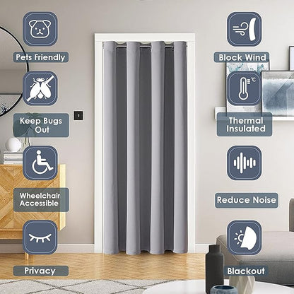 ChrisDowa Blackout Door Curtains for Doorway Privacy, Grommet Closet Curtains for bedroom closet door, Thermal Insulated Temporary Doorway Cover Room Divider Drapes (1 Panel, Light Grey, 42 x 80 Inch)
