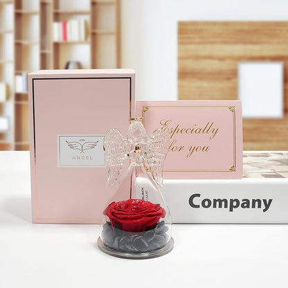 Miofula Preserved Flower Rose Birthday Gifts for Mom, Angels Figurines with Forever Real Rose Gifts for Women Mom Grandma, Angels Gifts for Valentines Anniversary (Red Starry Sky)
