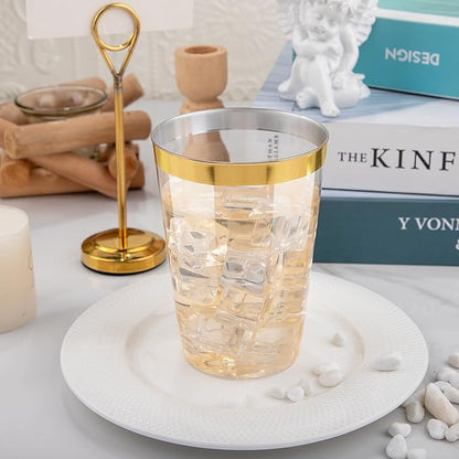 I00000 200 Pack 12 oz Gold Plastic Cups, Clear Disposable Cups, Disposable Plastic Wine Glasses Cocktail Glasses Premium Cups with Gold Rim, 12 Ounce Tumblers for Party & Wedding