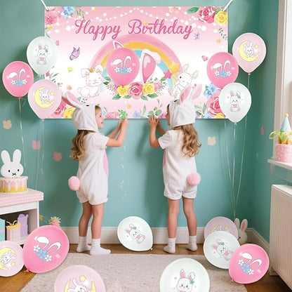 Pink Bunny Birthday Party Decorations for Gilrs - Rabbit Party Supplies including Happy Birthday Backdrop, Spirals, Cake Toppers, Table Centerpieces, Balloons (BJ)