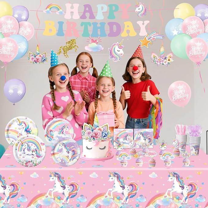 Unicorn Birthday Decorations Includes Plates, Napkins, Cups, Cutlery, Hanging Swirls, Banner, Cake & Cupcake Toppers, Balloons, Tablecloths for Rainbow Girls Birthday Party Decorations, Serve 20