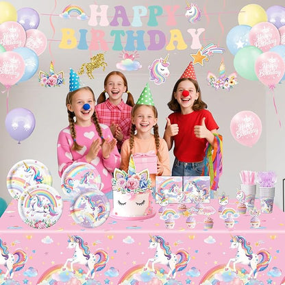 Unicorn Birthday Decorations Includes Plates, Napkins, Cups, Cutlery, Hanging Swirls, Banner, Cake & Cupcake Toppers, Balloons, Tablecloths for Rainbow Girls Birthday Party Decorations, Serve 20