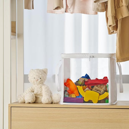 holay 2 Pack Storage Bins PVC Boxes with Transparent Lid & Handles - Durable & Foldable - Multi-Purpose Organizer for Clothes, Books, and More (White, Large)