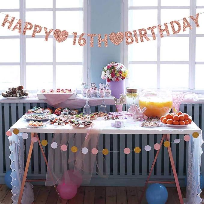 Rose Gold 16th Birthday Banner, Glitter Happy 16 Years Old Boy or Girl Party Decorations, Supplies