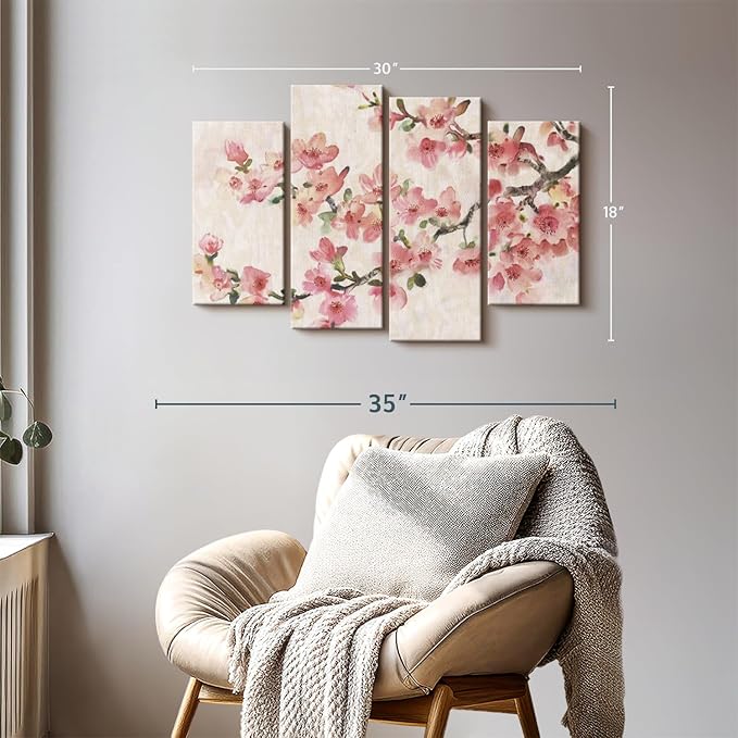 Elephant Stock Cherry Blossom Composition I Wall Art - Horizontal Canvas - 4-Piece Living Room Wall Decor - Branch Painting Canvas Print - Pink and Green Decor for Wall by Tim O'Toole - 30" X 18"