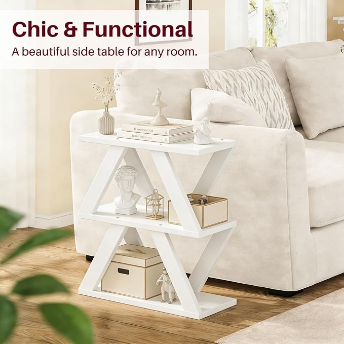 3 Tier Side Table with Side Guard Rails & Anti-Slip Pads, Narrow End Table for Small Spaces, Slim Nightstand with Storage Shelves for Bedroom, Living Room, White
