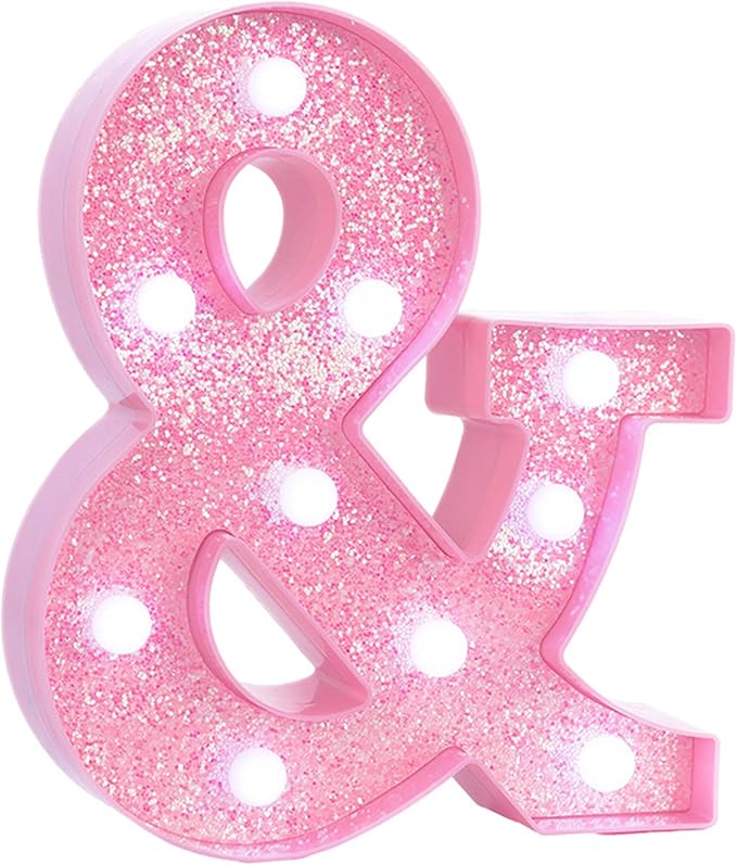 Pink LED Marquee Light Up Letters, Glitter Alphabet Letter Lights for Birthday Party Decorations, Battery Operated Letter Signs for Table Girls Room Decor, Pink Symbol & with Cool White Lights