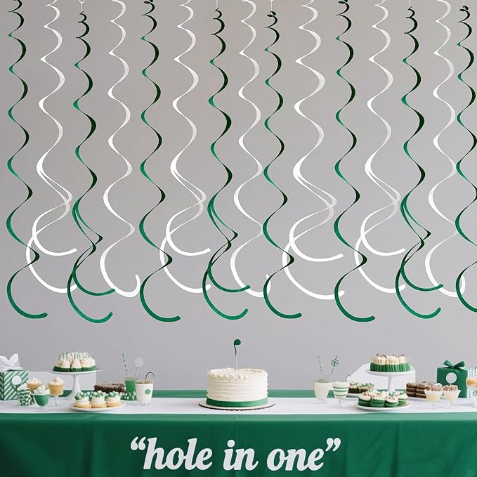 36 Pcs Green White Hanging Swirl Decorations Felt Swirl Streamer Spiral Ceiling Garland for Birthday Graduation Wedding Retirement Baby Shower Spring Summer Christmas Masters Golf Party Decor Supplies