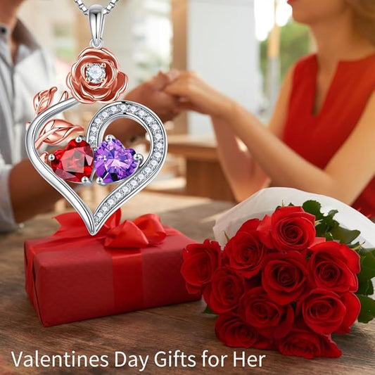 Iefil Rose Heart Birthstone Necklaces for Women - 925 Sterling Silver Double Birthstone Necklace, Anniversary Birthday Gifts for Women, Jewelry Gifts for Wife Her