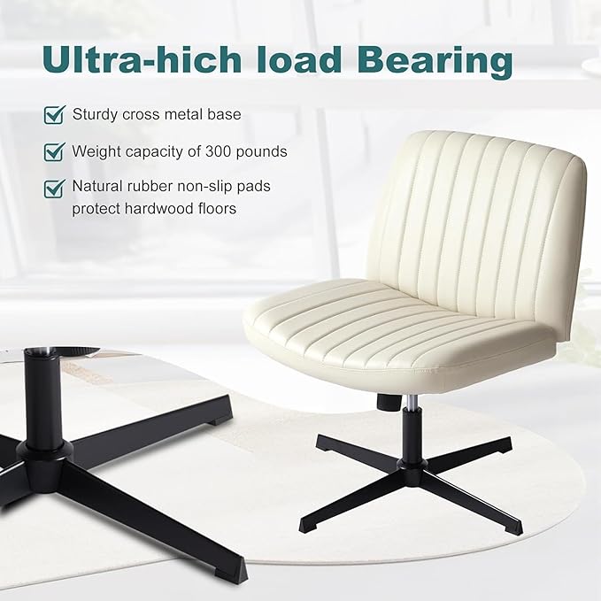 OLIXIS Criss Cross Legged Chairs Armless No Wheels Wide Seat Height Adjustable Swivel Padded PU Leather Home Office Desk Seating for Bedroom, Student, Study Room