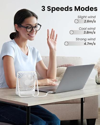 Koonie USB Desk Fan, Strong Wind Ultra Quiet Small Personal Fan with 180° Tilt Folding and 3 Speeds Adjustable, USB-C Corded Powered Mini USB Fan for Office Desktop Bedroom White, NO BATTERY