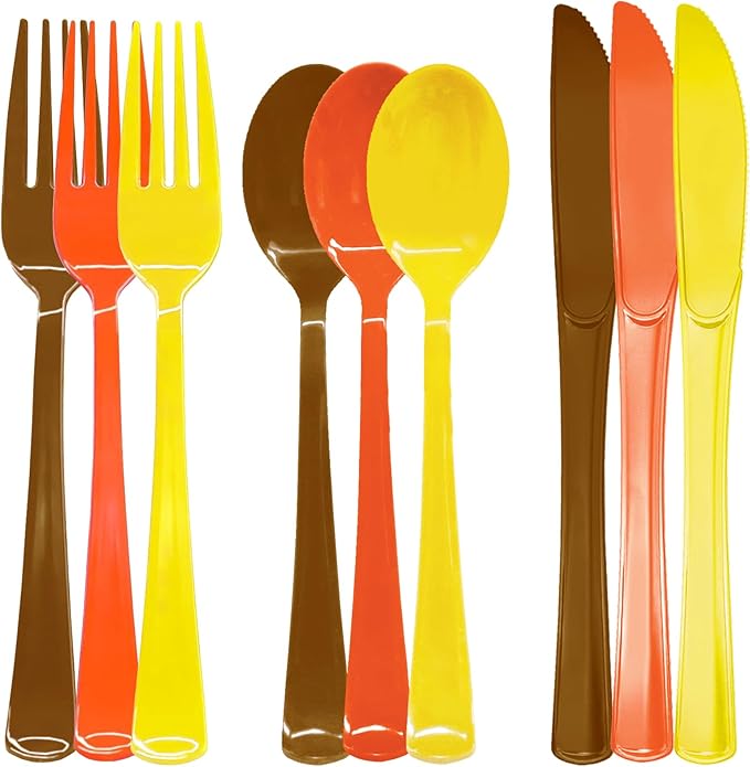 153 Pcs Thanksgiving Plastic Silverware Heavy Duty Disposable Cutlery Sets Includes Plastic Spoons Forks Knives for Thanksgiving Party Supplies (Yellow Orange Brown)