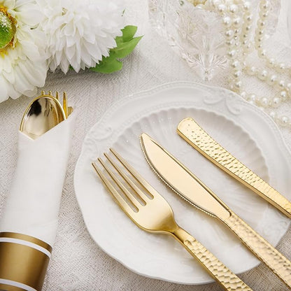 Nervure 400PCS Pre Rolled Gold Plastic Silverware Sets - Heavy Duty Hammered Gold Cutlery Include 100 Pack Wrapped Disposable Utensils with Napkins for Parties, Dinners & Weddings