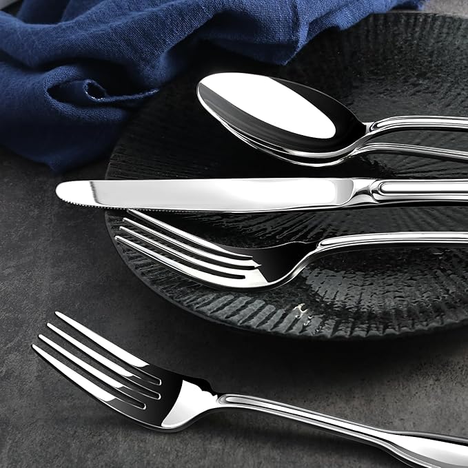 Silverware Set for 8, Stainless Steel Cutlery Set with Wide Handles, Mirror Polished Utensils Spoons and Forks Set, Dishwasher Safe (Silver, 40 Pieces for 8)