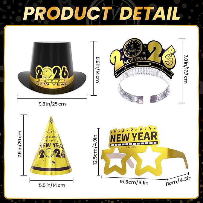 New Years Eve Party Supplies 2026 for 45 Guests, Happy New Years Decorations Party Favors Includes Top Hats, Tiaras, Glasses Accessories for Adults Kids Nye Decorations 2026