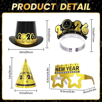 New Years Eve Party Supplies 2026 for 24 Guests, Happy New Years Decorations Party Favors Includes Top Hats, Tiaras, Glasses Accessories for Adults Kids Nye Decorations 2026