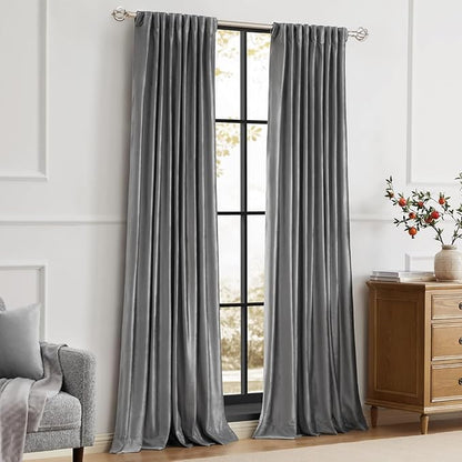 PRIMROSE Dark Grey Velvet Curtains 102 inch Long for Living Room,Set of 2 Panels Blackout Rod Pocket Back Tab Window Treatment Room Darkening Heavy Decorative Curtains Drapes for Bedroom