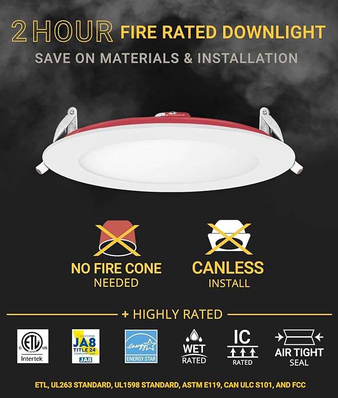 NUWATT 2 Hour Fire Rated Recessed Lighting 6 Inch Wafer LED Lights, 2700K/3000K/3500K/4000K/5000K Selectable, Dimmable 1200LM, 15W, Wet & IC Rated, 90 CRI Canless Light, No Tenmat Needed, ETL, 6 Pack