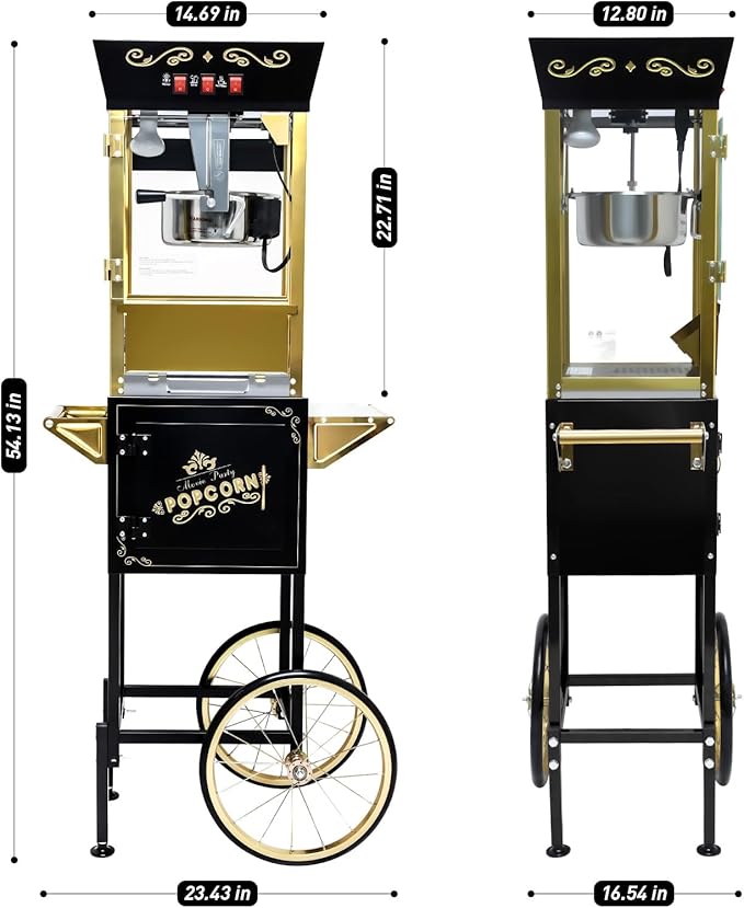Black Vintage Commercial Popcorn Machine with Cart & Warmer Light - 12oz Stainless Steel Popper Makes 60 Cups for Theater, Parties & Home Use
