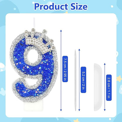Blue Birthday Candle Crown Number 9 Candle with Sequins Cake Candles Cupcake Decorations Party Decor for Anniversary Celebrations Supplies