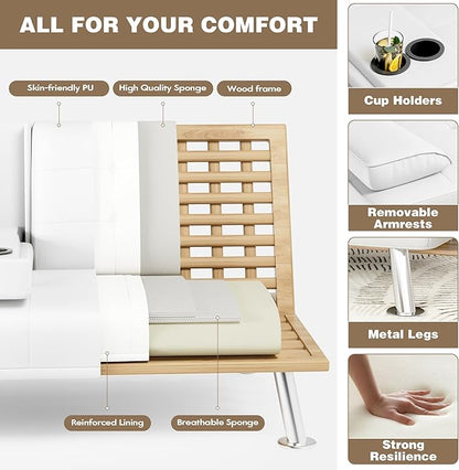 Homall Futon Sofa Bed, Leather Futon Couch with Removable Armrests, Adjustable Recliner Sleeper Sofa Bed with Dual Cup Holders for Living Room, Apartment, Office (White)
